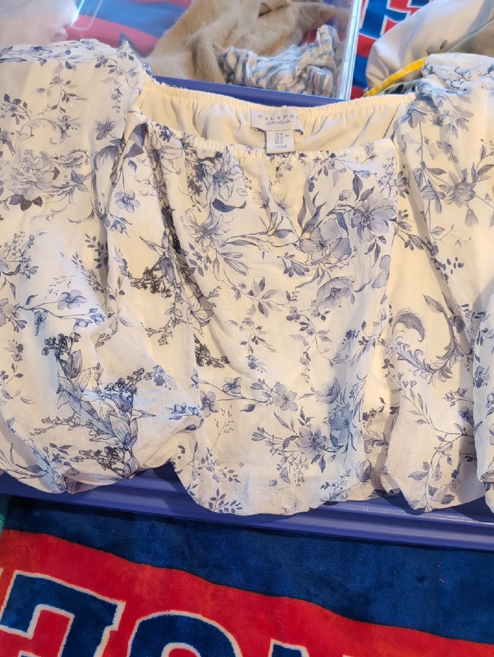 Calypso St. Barth Cream Top with Blue Floral Print